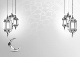 Ramadan Kareem. Islamic greeting template with ramadan for wallpaper design. Poster, media banner . Silver lamp and a crescent moon on a gray photo