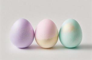 Row of colorful pastel painted easter eggs on white background for holiday concept, happy easter, Generative Ai photo