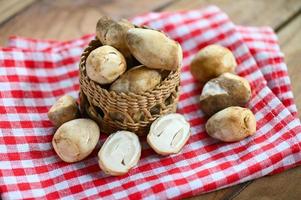 straw mushrooms on basket, fresh mushrooms slice for cooking food photo