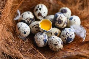 codorniz huevos en aves nido, Fresco codorniz huevos y pluma en de madera mesa fondo, crudo huevos con pelar huevo cáscara foto