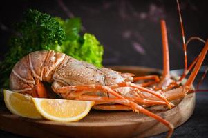 spiny lobster seafood on wooden plate, fresh lobster or rock lobster with herb and spices lemon coriander parsley on dark background, lobster for cooking food photo