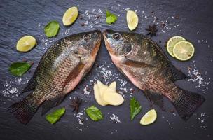 Tilapia fish freshwater and ginger lemon lime herb spices vegetable for cooking food in the asian restaurant - Fresh raw tilapia on black background photo