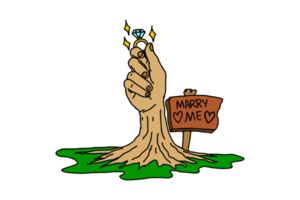 Tree in the shape of a hand holding a diamond ring for a marriage proposal with a sign saying marry me png
