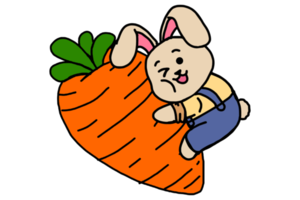 Cute little bunny wearing farmer's clothes hugging a big carrot png