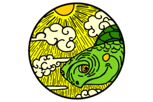 A turtle smiling in the sun and clouds png