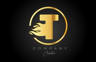 gold golden T alphabet letter icon for corporate with flames. Fire design suitable for a business logo vector