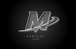 black and white M line alphabet letter logo icon design with swoosh and shadow. Creative template for business and company vector