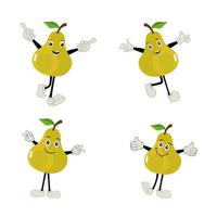 Pear fruit cartoon. Cute vector set of pear fruit character in different action emotion. Collection of pear characters in different expressions, Funny fruit mascot.