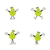 Pear fruit cartoon. Cute vector set of pear fruit character in different action emotion. Collection of pear characters in different expressions, Funny fruit mascot.