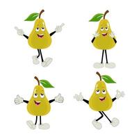 Pear fruit cartoon. Cute vector set of pear fruit character in different action emotion. Collection of pear characters in different expressions, Funny fruit mascot.