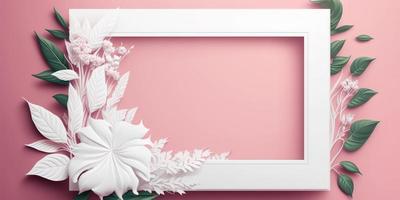 Empty white frame on pink background with flowers and leaves on the corner photo