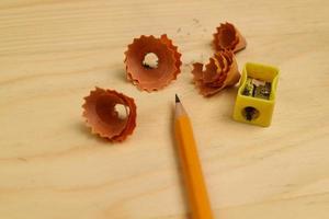 Pencil Sharpener on Wooden Background photo