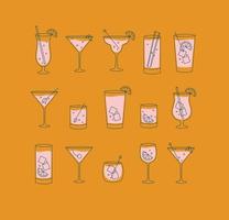 alcohol bebidas y cócteles icono conjunto en plano línea estilo en naranja antecedentes. vector