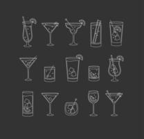 Alcohol drinks and cocktails icon set in flat line style on dark background. vector