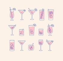 Alcohol drinks and cocktails icon set in flat line style on beige background. vector