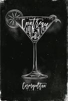 Cosmopolitan cocktail lettering cranberry juice, cointreau, vodka, lime in vintage graphic style drawing with chalk on chalkboard background vector