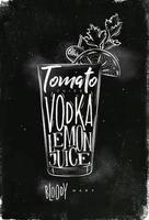 sangriento María cóctel letras tomate, vodka, limón jugo, aceituna en Clásico gráfico estilo dibujo con tiza en pizarra antecedentes vector