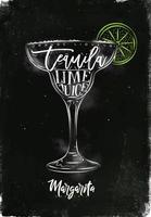 Margarita cocktail lettering orange liqueur, tequila, lime juice in vintage graphic style drawing with chalk and color on chalkboard background vector