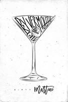 Cóctel de martini sucio letras vermú seco, ginebra, oliva en estilo gráfico vintage dibujo sobre fondo de papel sucio vector
