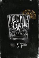 Gin tonic cocktail lettering tonic water, gin, ice in vintage graphic style drawing with chalk and color on chalkboard background vector