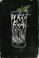 Mojito cocktail lettering teaspoon sugar, white rum, lime juice, soda water in vintage graphic style drawing with chalk and color on chalkboard background vector