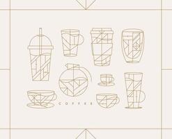 Set of creative modern art deco coffee cups in flat line style drawing on light background. vector