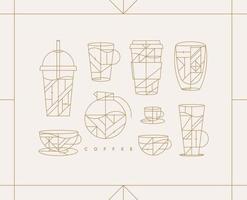 Set of creative modern art deco coffee cups in flat line style drawing on light background. vector