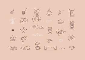 Set of minimalism modern coffee elements for your design drawing in flat line style on beige background vector