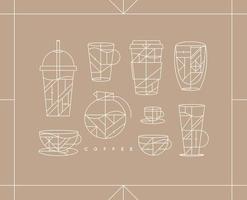 Set of creative modern art deco coffee cups in flat line style drawing on beige background. vector