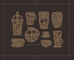 Set of creative modern art deco coffee cups in flat line style drawing on brown background. vector