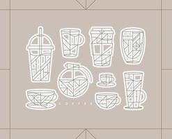 Set of creative modern art deco coffee cups in flat line style drawing on light beige background. vector