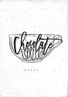 Mocha cup lettering hot milk, chocolate, espresso in vintage graphic style drawing on dirty paper background vector