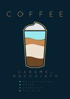 póster café caramelo macchiato con nombres de ingredientes dibujo en plano estilo en oscuro azul antecedentes vector