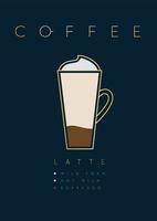 Poster coffee latte with names of ingredients drawing in flat style on dark blue background vector