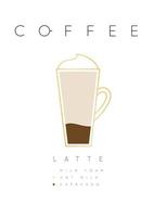 Poster coffee latte with names of ingredients drawing in flat style on white background vector