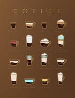 Poster flat coffee menu with cups, recipes and names of coffee drawing on brown background vector