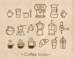 Coffee icons execution lines in minimalistic style symbol coffee cup, coffee, french press, plastic cups on the background craft vector