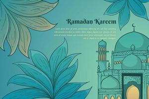 Ramadan kareem background template with leaves and mosque in green blue background design vector