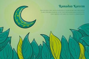 Green leaves and crescent moon in green background design for ramadan kareem template vector