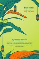 Green background with green yellow leaves in hand drawn design for ramadan kareem template vector