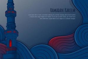 Blue red background with mosque minaret in cartoon design for ramadan kareem template vector