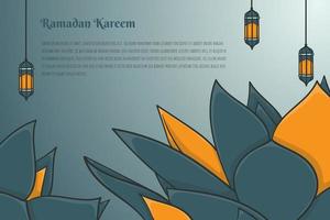 Ramadan kareem template design with leaves and simple lantern in hand drawn design vector