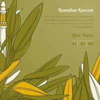 Ramadan kareem background with mosque minaret and green leaves in gand drawn design vector