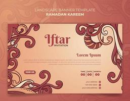 Landscape of Ramadan kareem banner template in cartoon hand drawn ornamental design vector