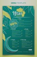 Iftar menu template in green hand drawn background design for ramadan kareem event vector