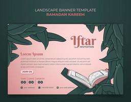 Ramadan kareem with iftar invitation in hand drawn of green leaves background design vector