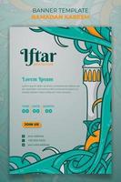 Ramadan kareem template design with minaret and grass in green background design vector