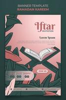 Ramadan kareem template design with green leaves background and al-qur'an in cartoon design vector