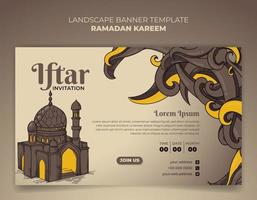 landscape banner design for ramadan kareem template with hand drawn of mosque and grass design vector