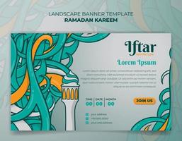 banner template of ramadan kareem with hand drawn of grass and minaret design vector